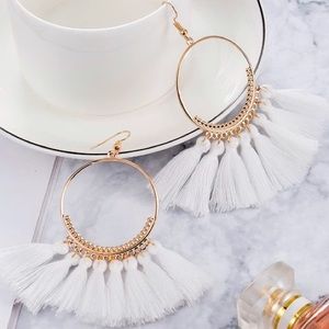 White Tassel Hoop Earrings